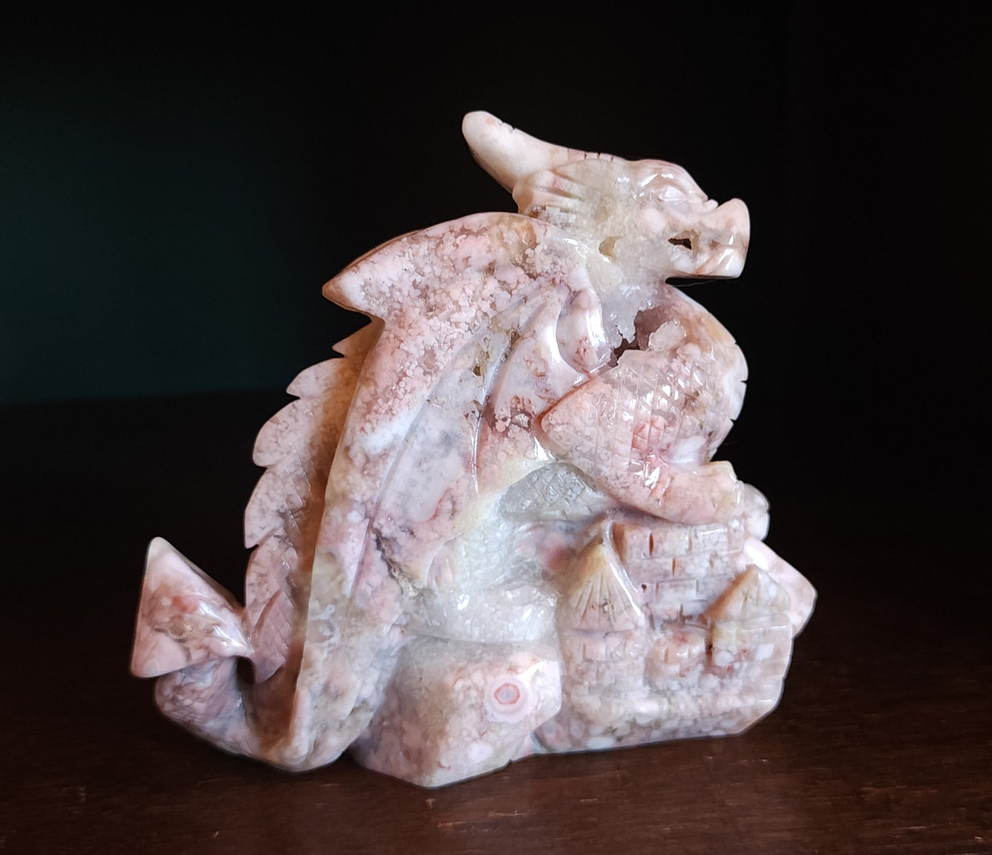 Cherry Blossom Agate Dragon with Quartz Druzy