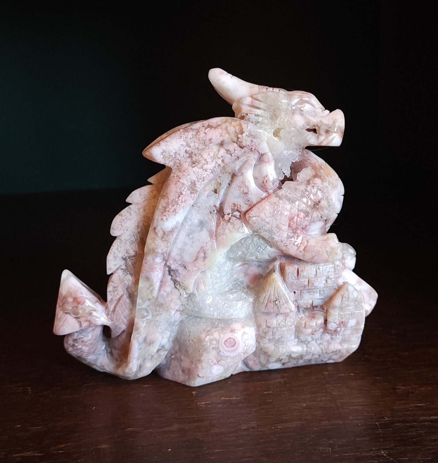 Cherry Blossom Agate Dragon with Quartz Druzy