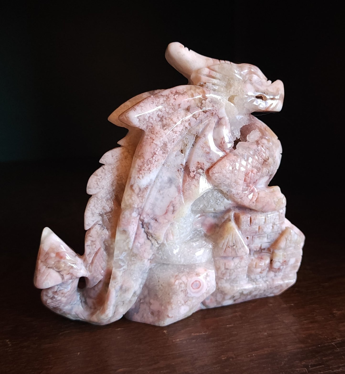 Cherry Blossom Agate Dragon with Quartz Druzy