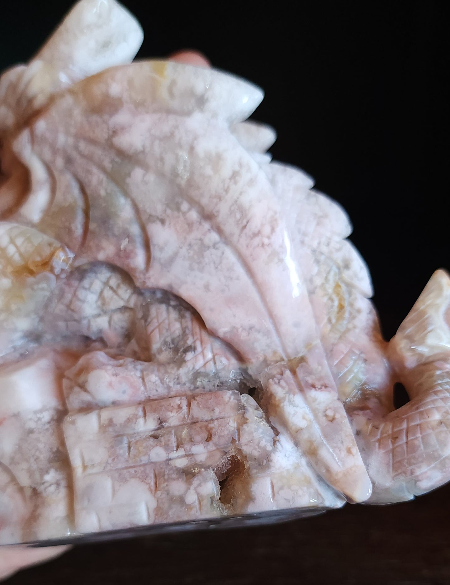 Cherry Blossom Agate Dragon with Quartz Druzy
