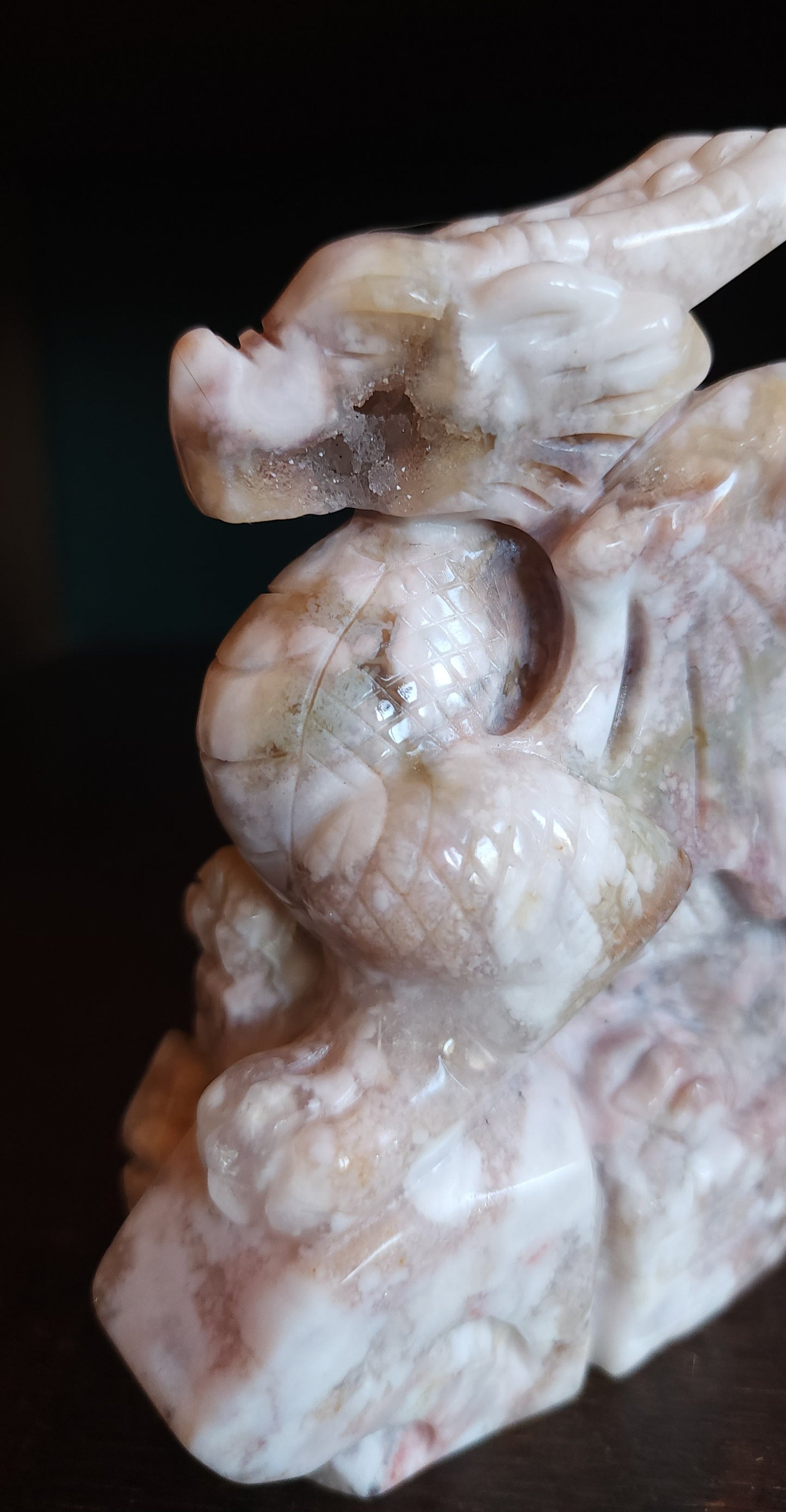 Cherry Blossom Agate Dragon with Quartz Druzy