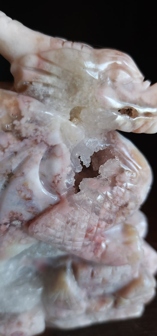 Cherry Blossom Agate Dragon with Quartz Druzy