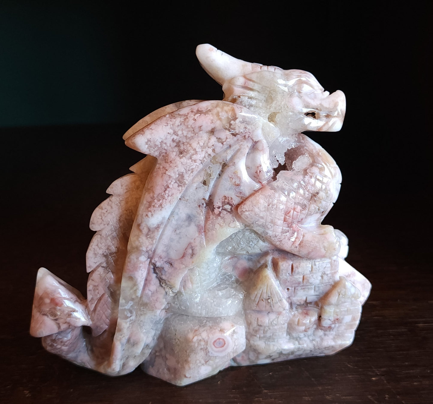 Cherry Blossom Agate Dragon with Quartz Druzy