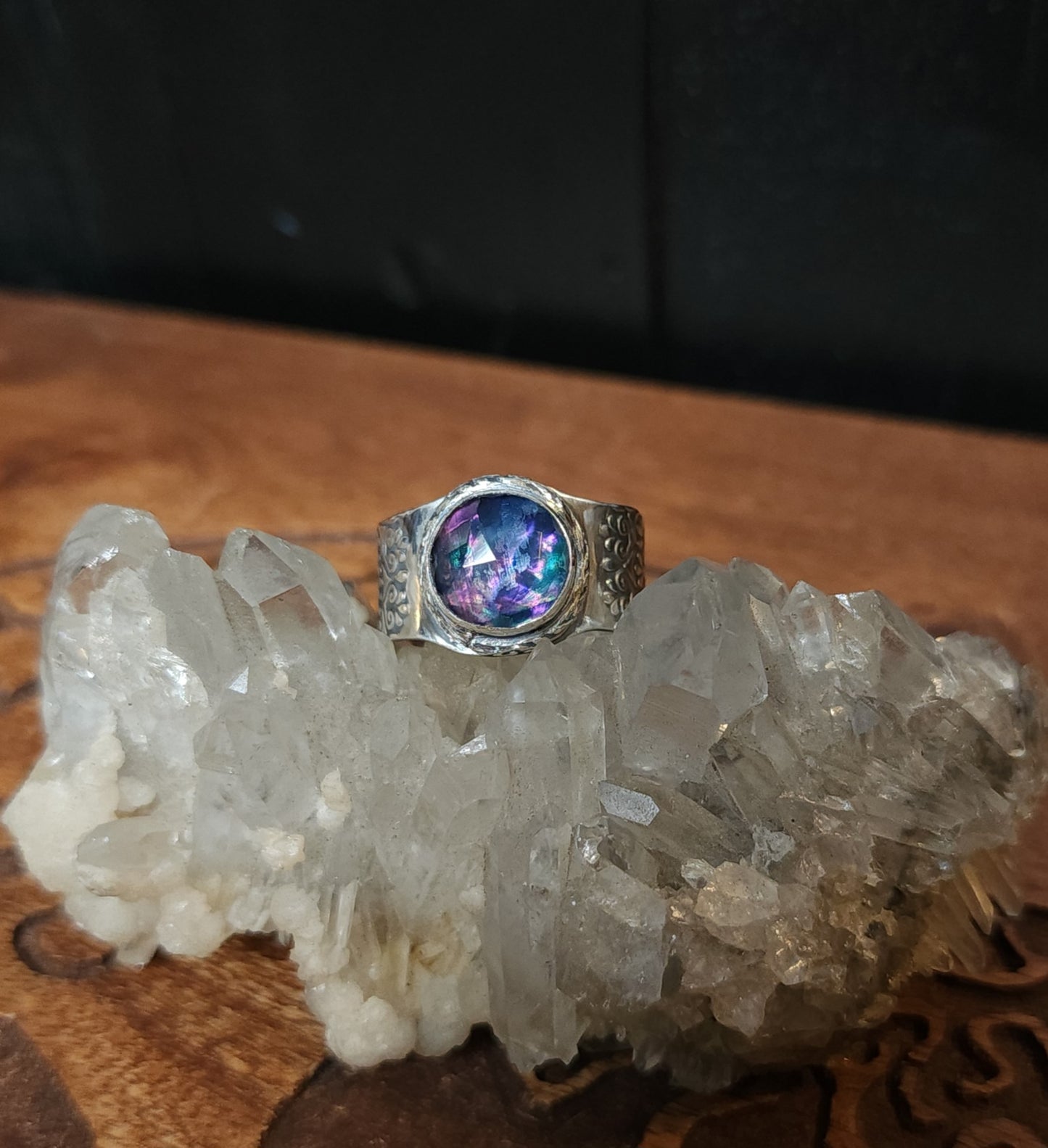 Sterling Silver & Dichroic Glass Mandala Ring - Size 9.75