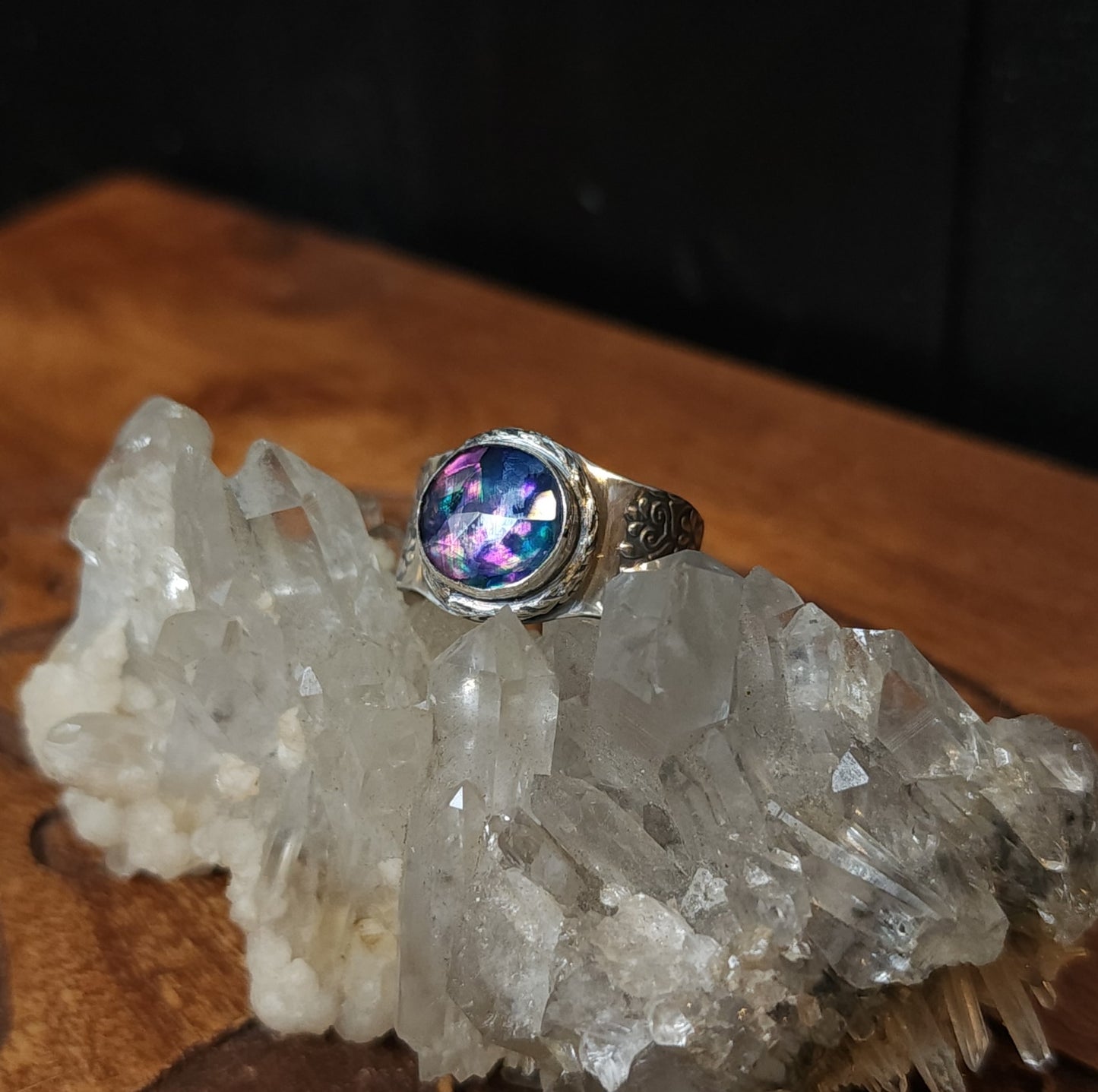 Sterling Silver & Dichroic Glass Mandala Ring - Size 9.75