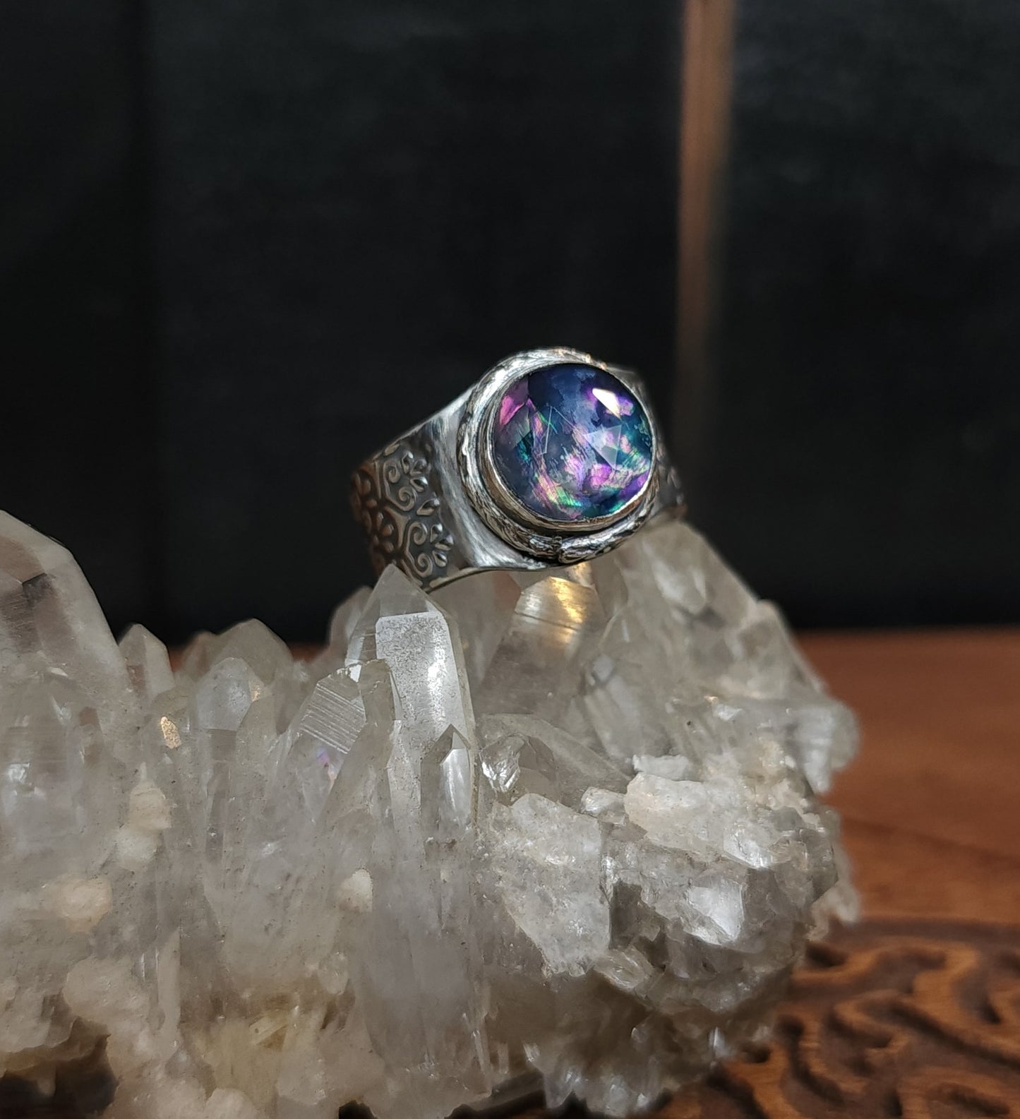 Sterling Silver & Dichroic Glass Mandala Ring - Size 9.75