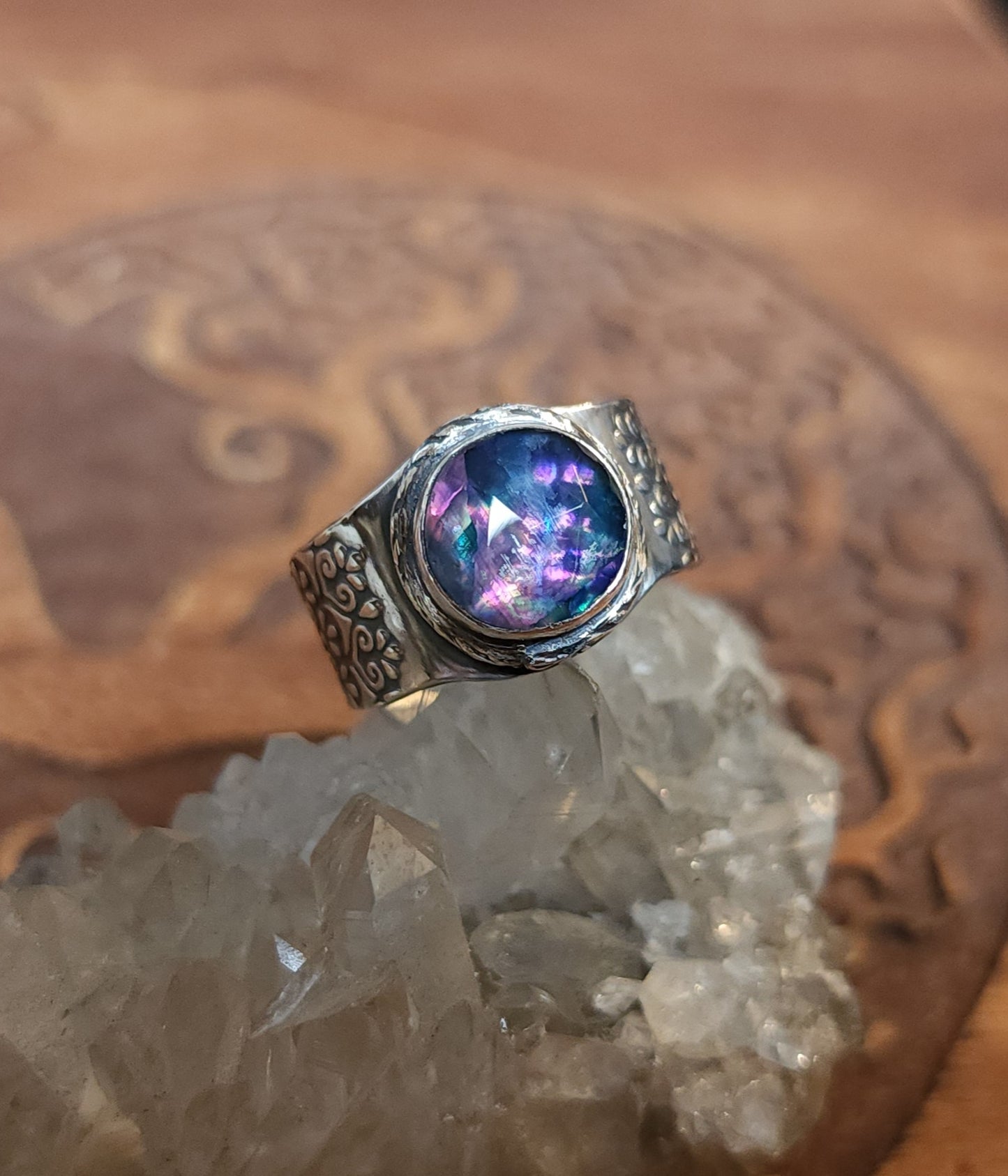 Sterling Silver & Dichroic Glass Mandala Ring - Size 9.75