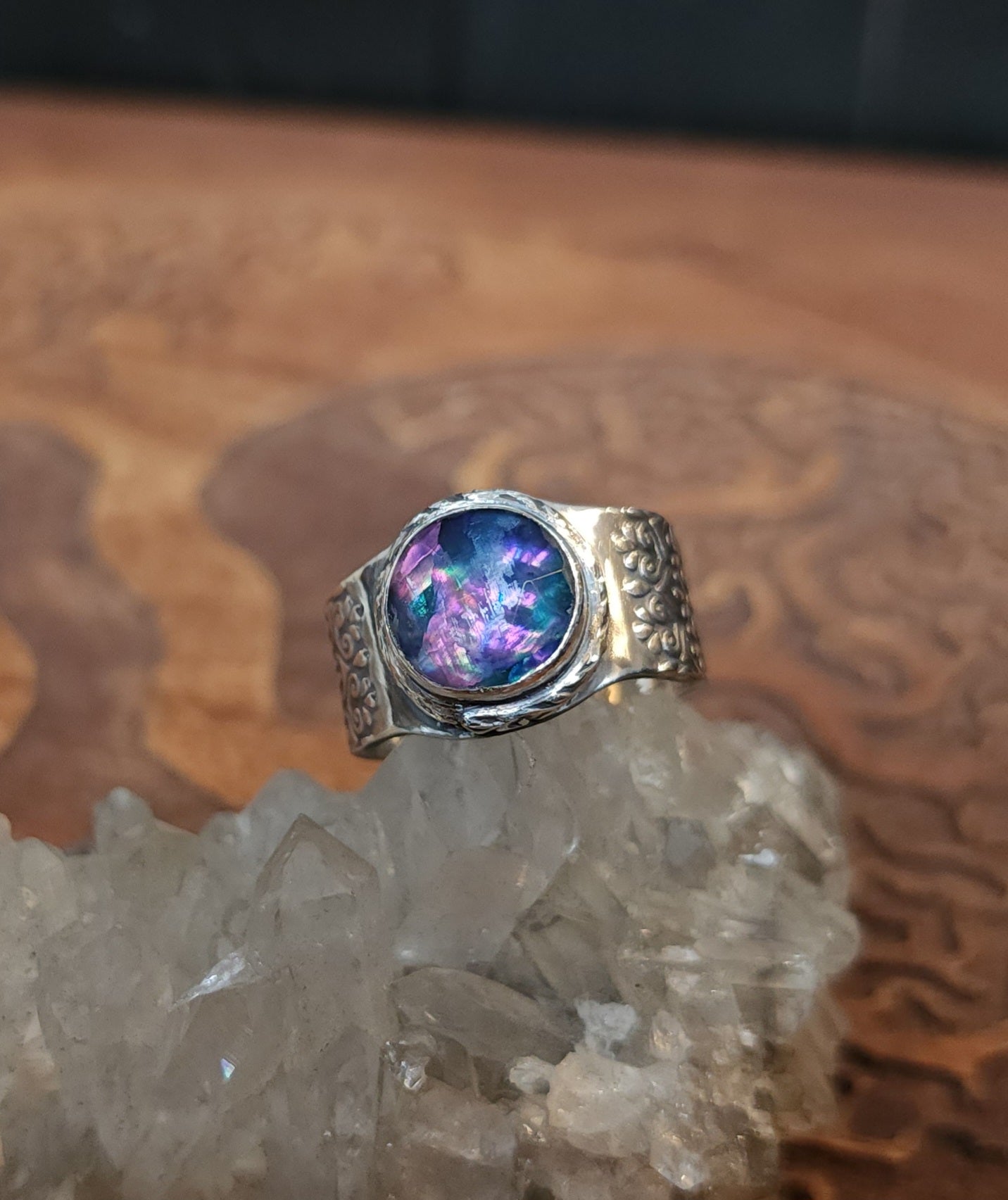 Sterling Silver & Dichroic Glass Mandala Ring - Size 9.75