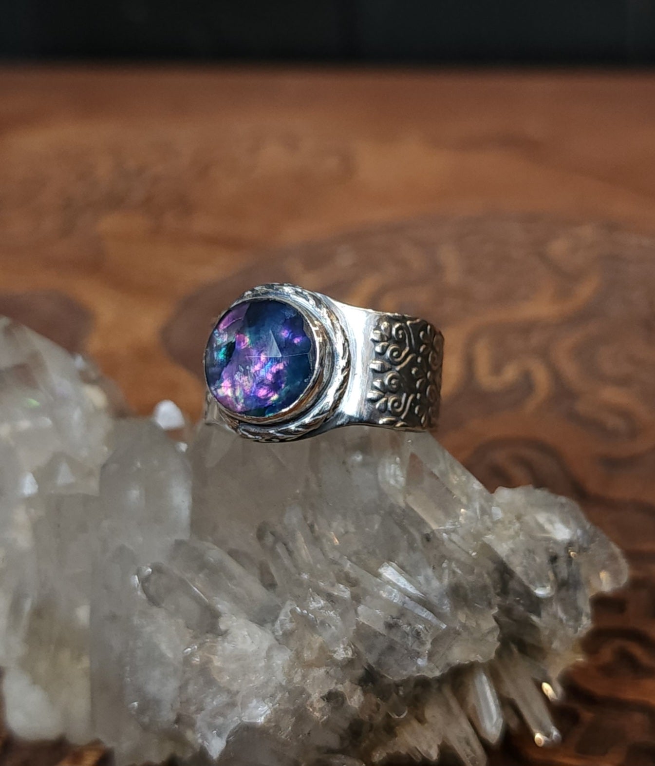 Sterling Silver & Dichroic Glass Mandala Ring - Size 9.75