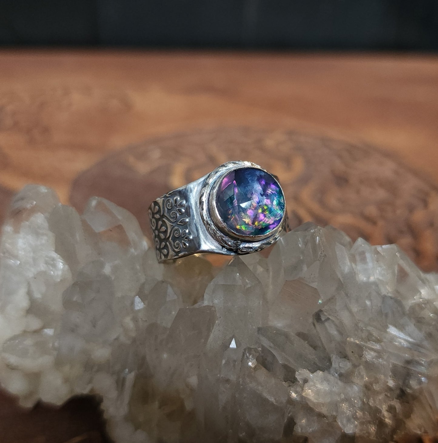 Sterling Silver & Dichroic Glass Mandala Ring - Size 9.75