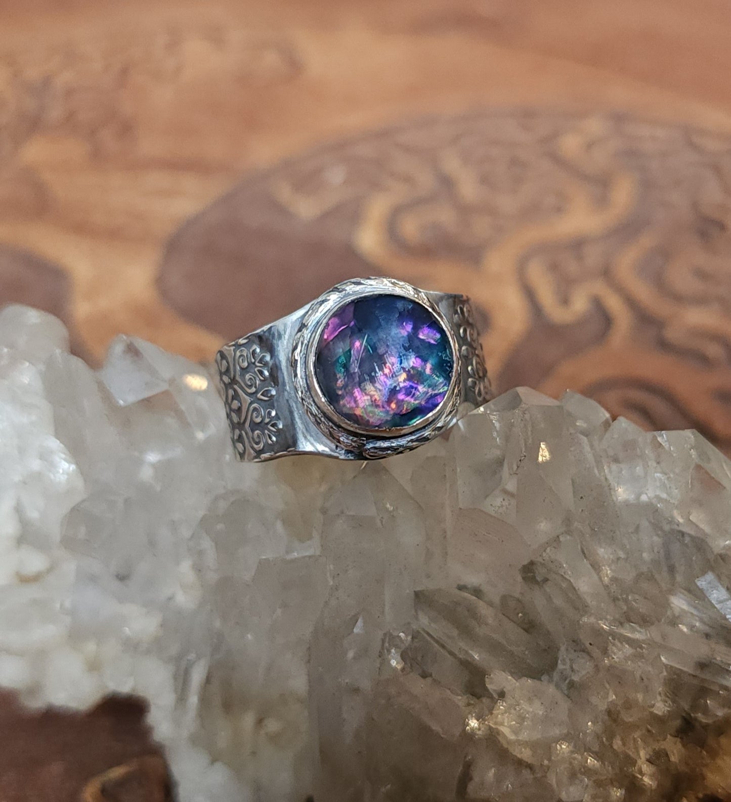 Sterling Silver & Dichroic Glass Mandala Ring - Size 9.75