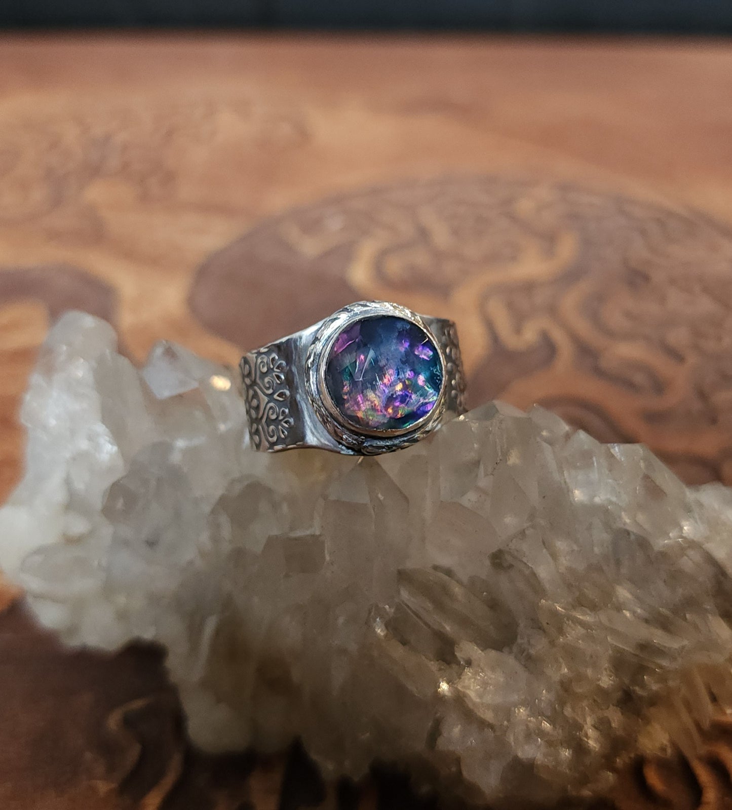 Sterling Silver & Dichroic Glass Mandala Ring - Size 9.75