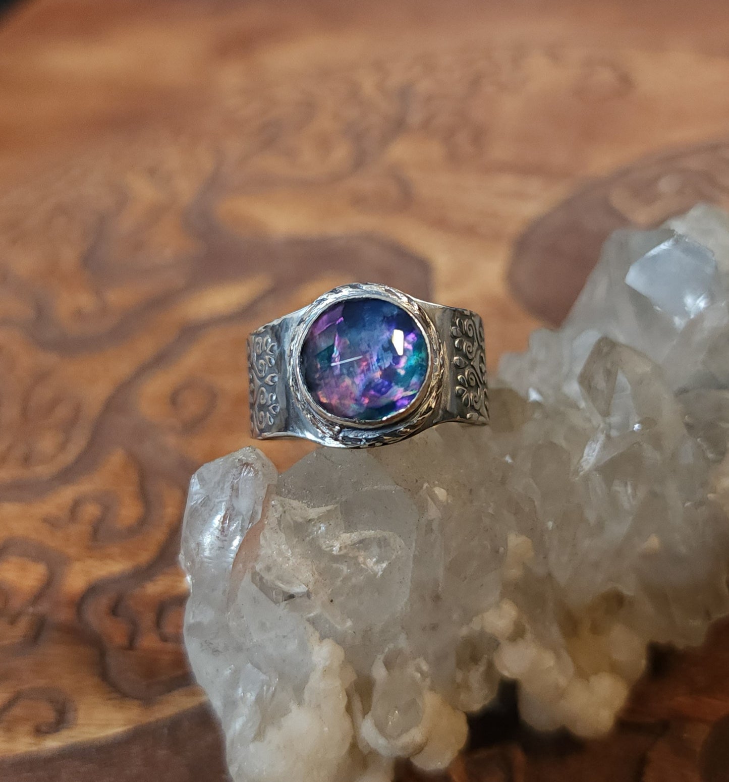 Sterling Silver & Dichroic Glass Mandala Ring - Size 9.75