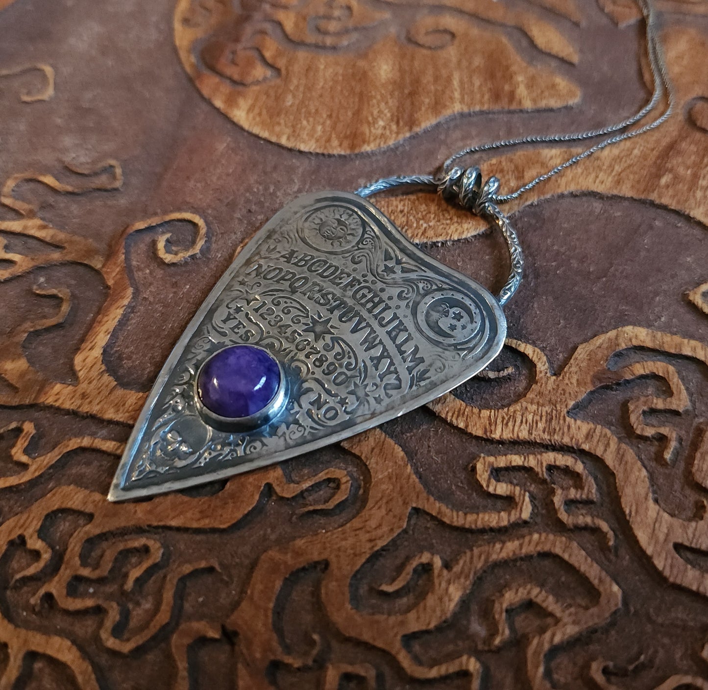 Sterling Silver & Charoite Ouija Planchette Pendant