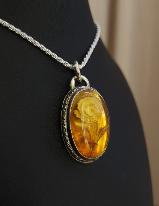Sterling Silver & Mexican Amber Intaglio Pendant