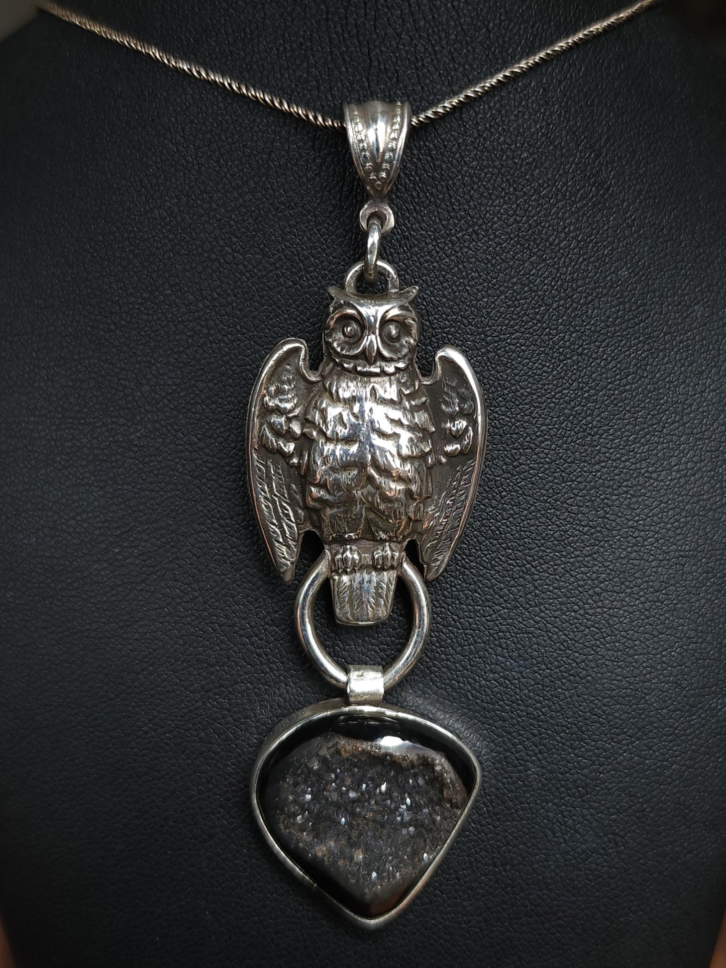 Sterling Silver & Onyx Druzy Owl Pendant