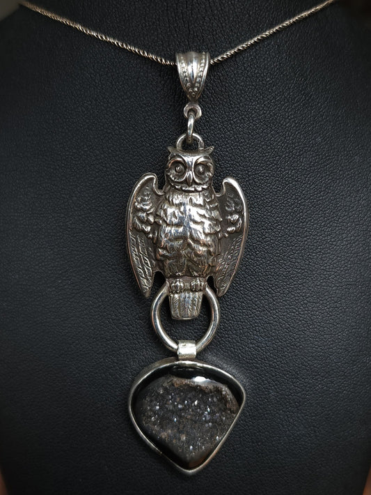 Sterling Silver & Onyx Druzy Owl Pendant