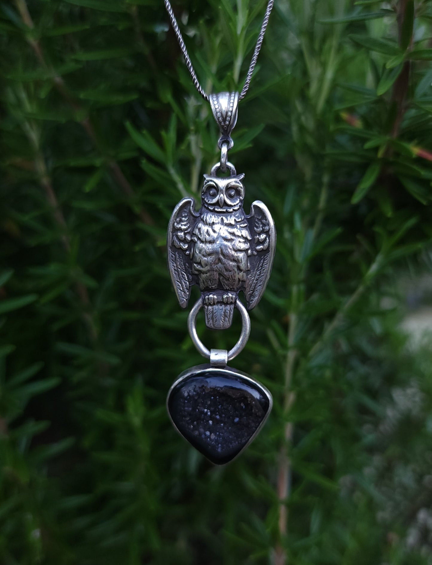 Sterling Silver & Onyx Druzy Owl Pendant