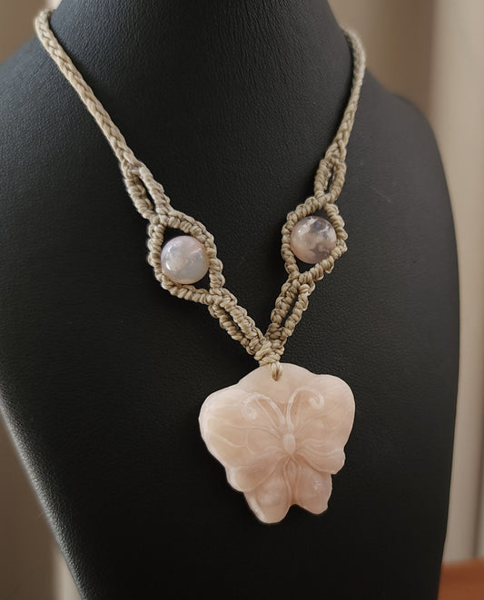 Pink Opal & Flower Agate Macrame Necklace