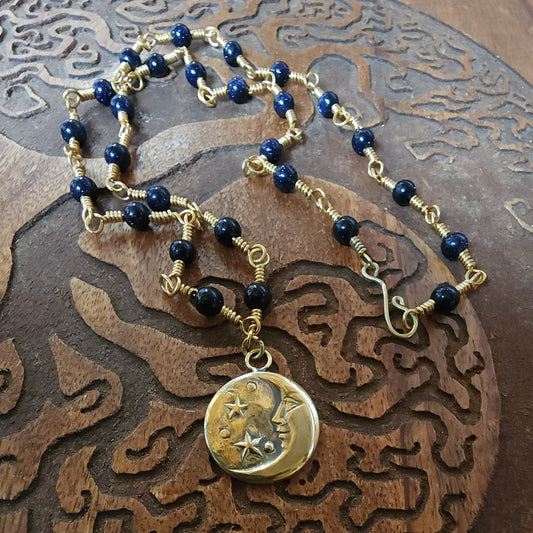Celestial (Gold) - One of a Kind Brass & Blue Goldstone Necklace