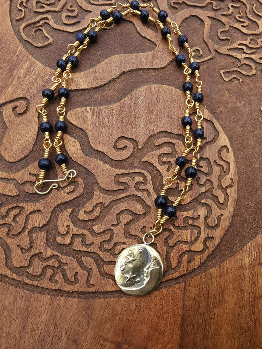 Celestial (Gold) - One of a Kind Brass & Blue Goldstone Necklace