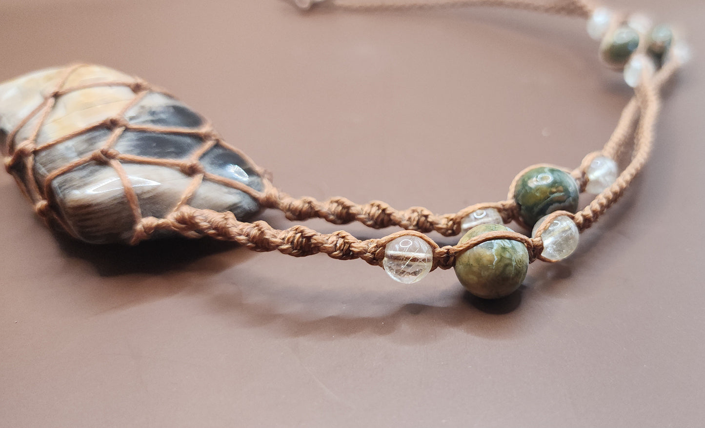 Petrified Wood, Rhyolite & Rutilated Quartz Macrame Necklace