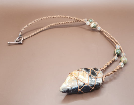Petrified Wood, Rhyolite & Rutilated Quartz Macrame Necklace