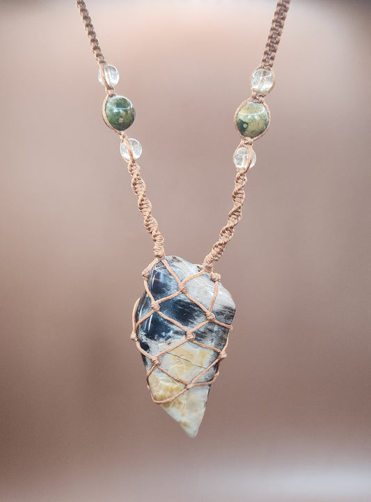 Petrified Wood, Rhyolite & Rutilated Quartz Macrame Necklace