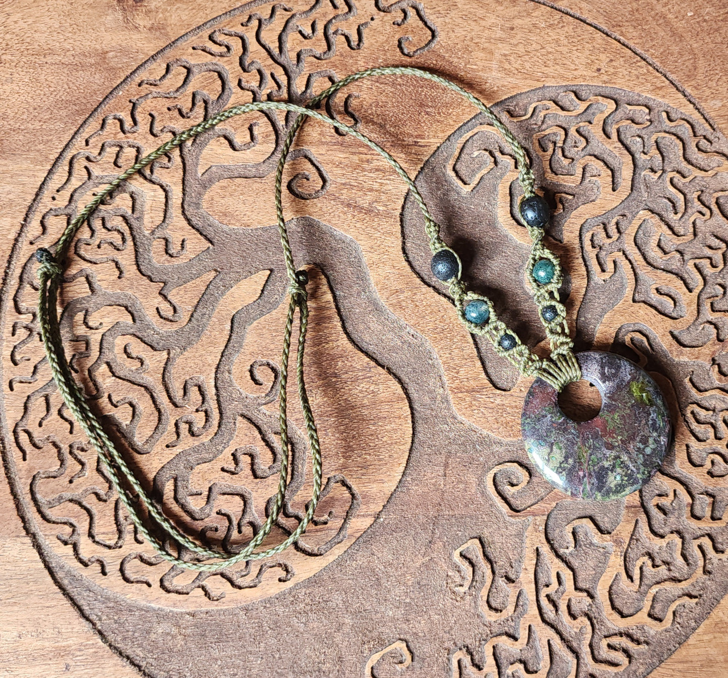 Dragon Blood Stone, Moss Agate & Lava Macrame Necklace