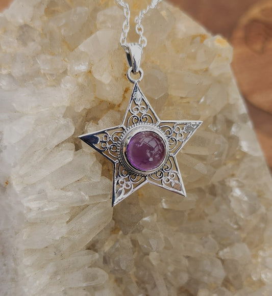 Sterling Silver Boho Star Pendant - Amethyst