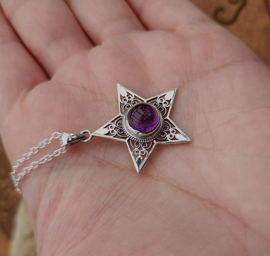 Sterling Silver Boho Star Pendant - Amethyst