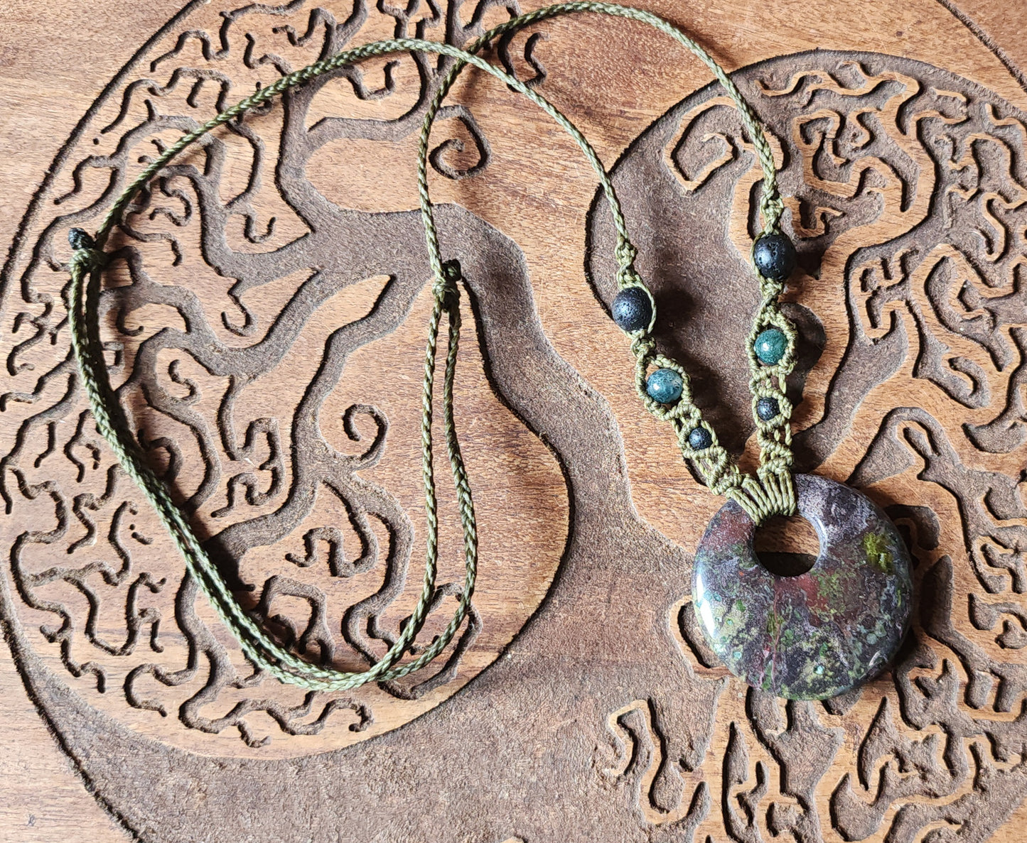Dragon Blood Stone, Moss Agate & Lava Macrame Necklace