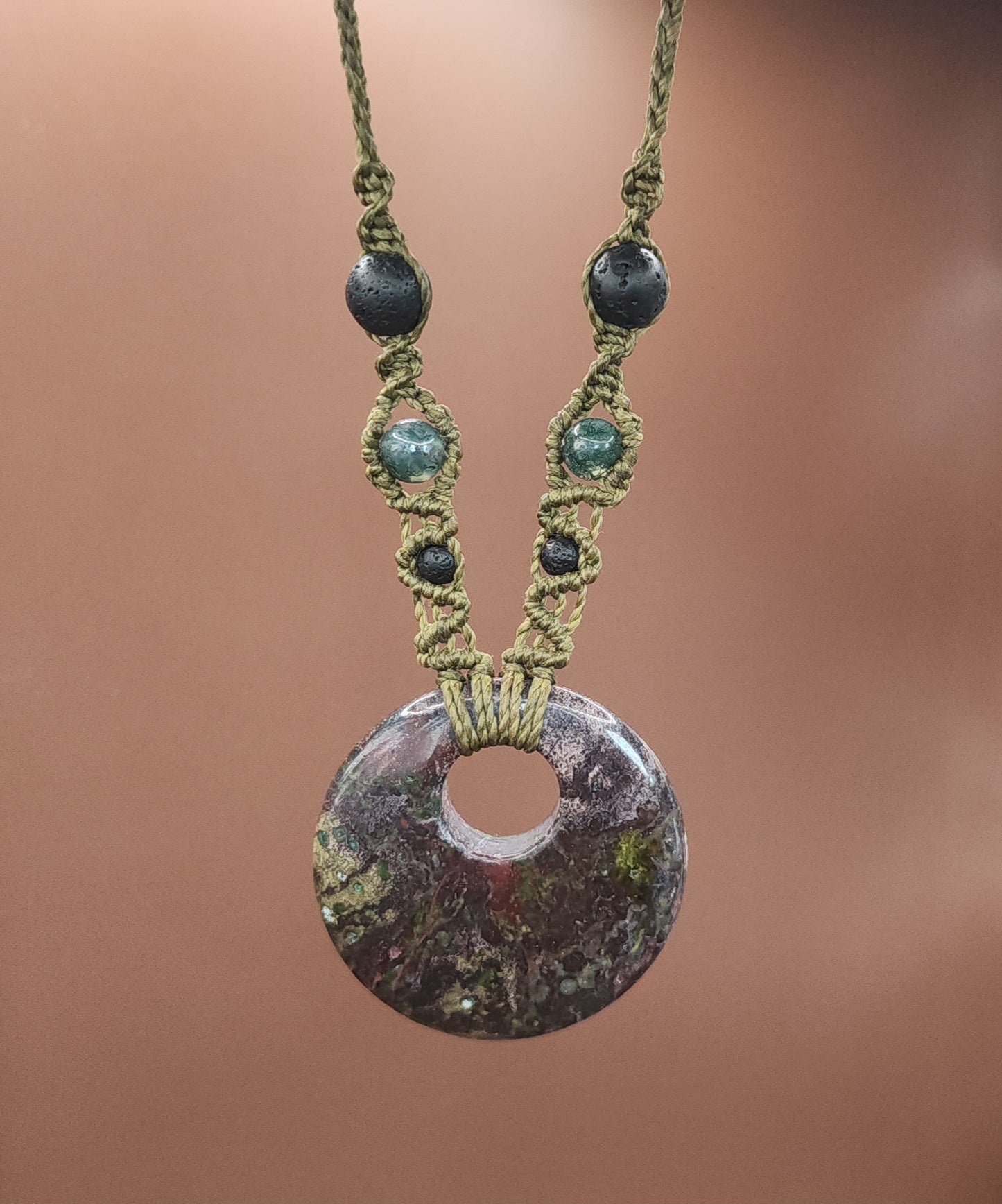 Dragon Blood Stone, Moss Agate & Lava Macrame Necklace