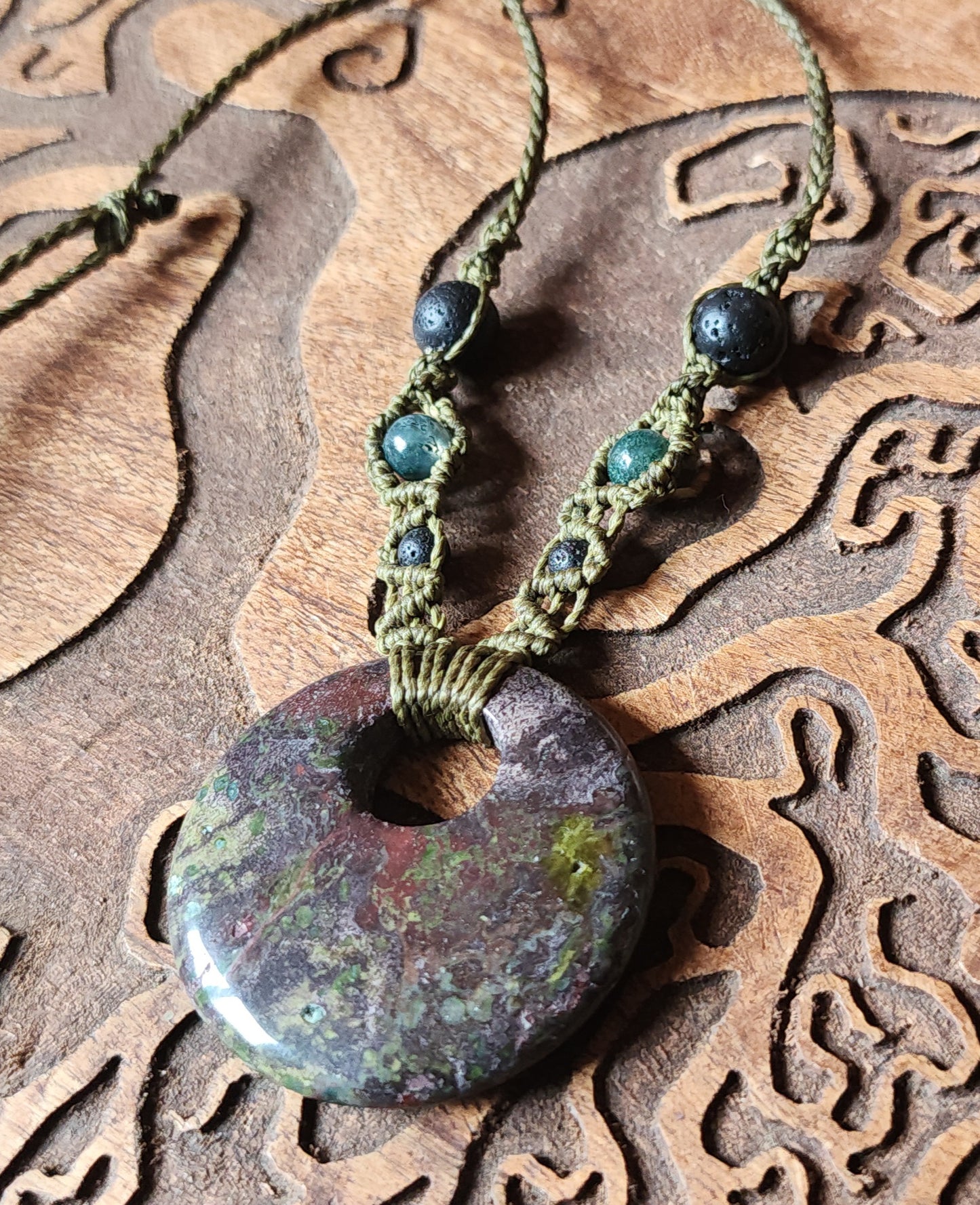 Dragon Blood Stone, Moss Agate & Lava Macrame Necklace