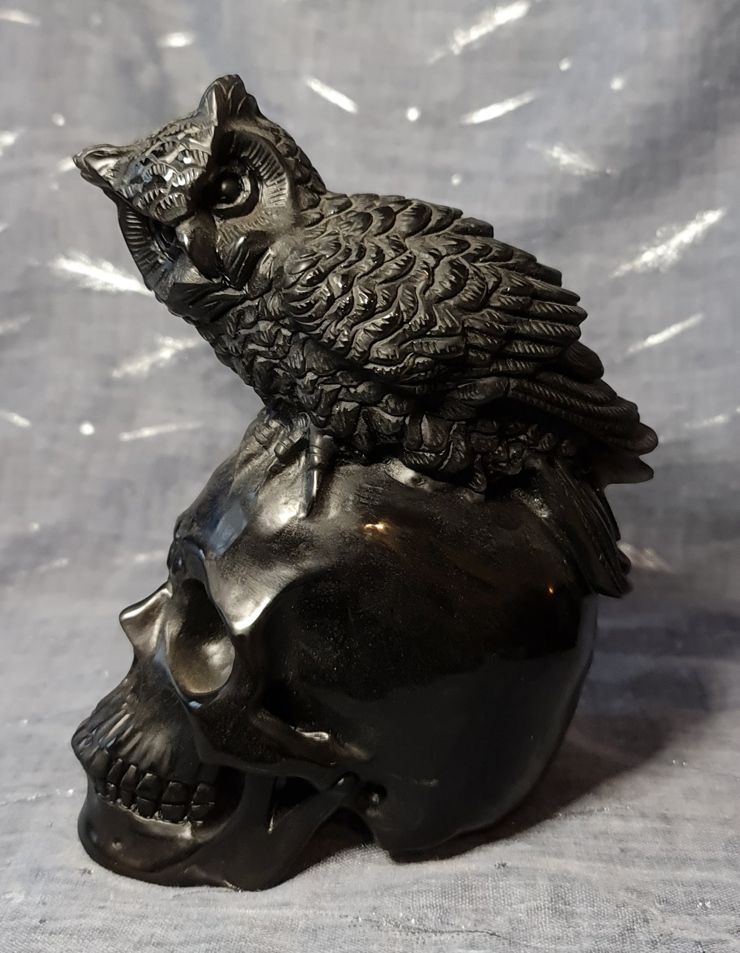 Hand Carved Ice Obsidian Owl On Skull