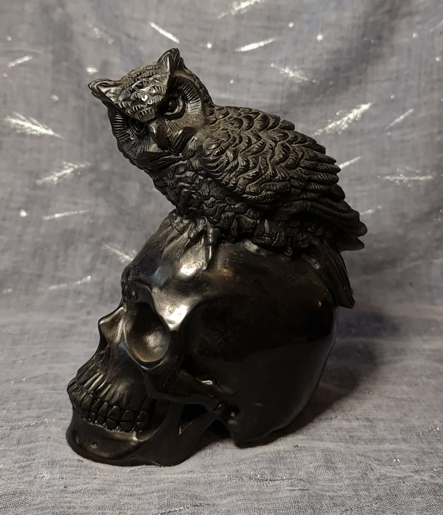 Hand Carved Ice Obsidian Owl On Skull