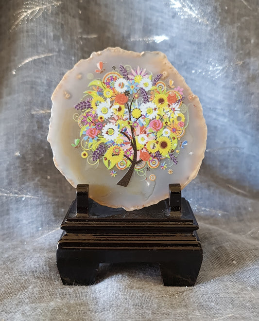 In Bloom - Printed Agate Slice with Wood Stand