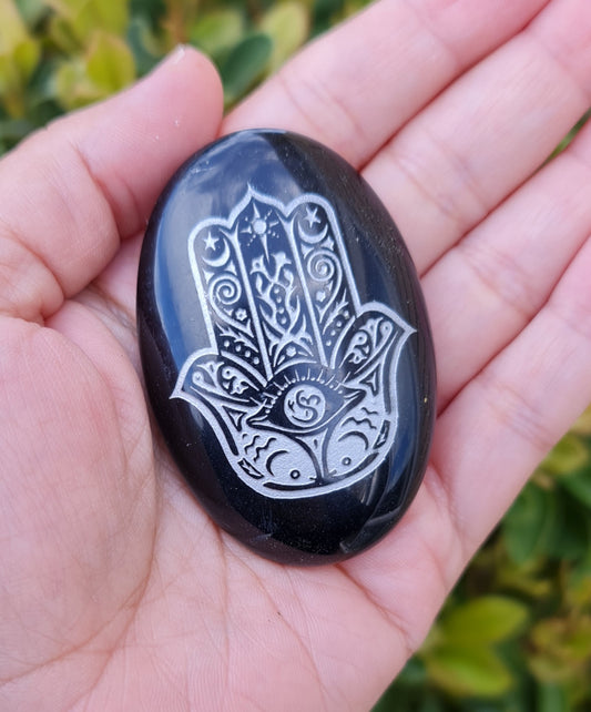 Etched Obsidian Palm Stone - Hamsa