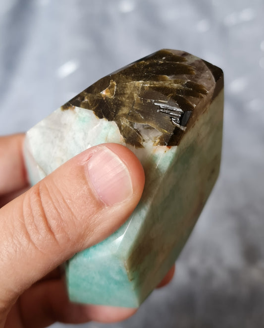 Amazonite with Epidote, Smoky and Clear Quartz and Lepidolite