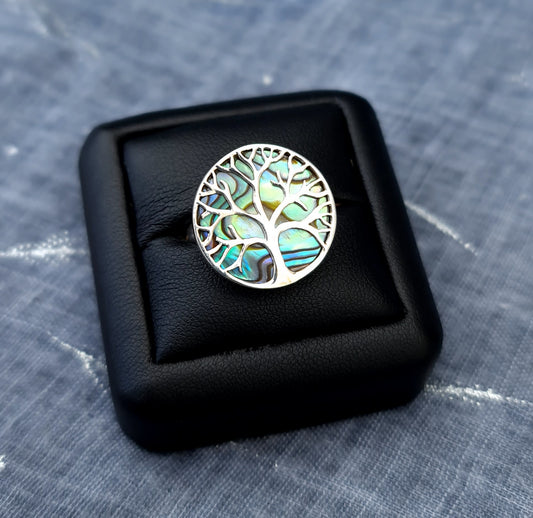Sterling Silver and Paua Tree of Life Adjustable Ring