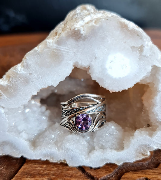 Amethyst Sterling Silver Celtic Fae Ring - Adjustable