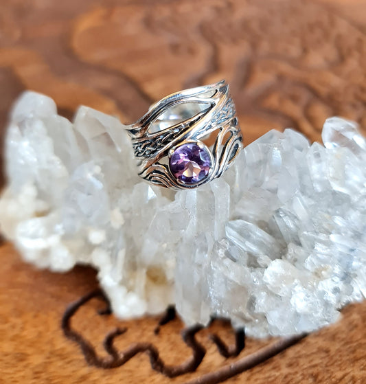 Amethyst Sterling Silver Celtic Fae Ring - Adjustable