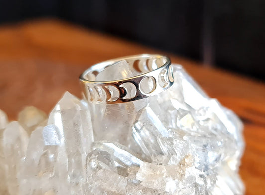 Sterling Silver Lunar Phase Moon Ring Wide Band