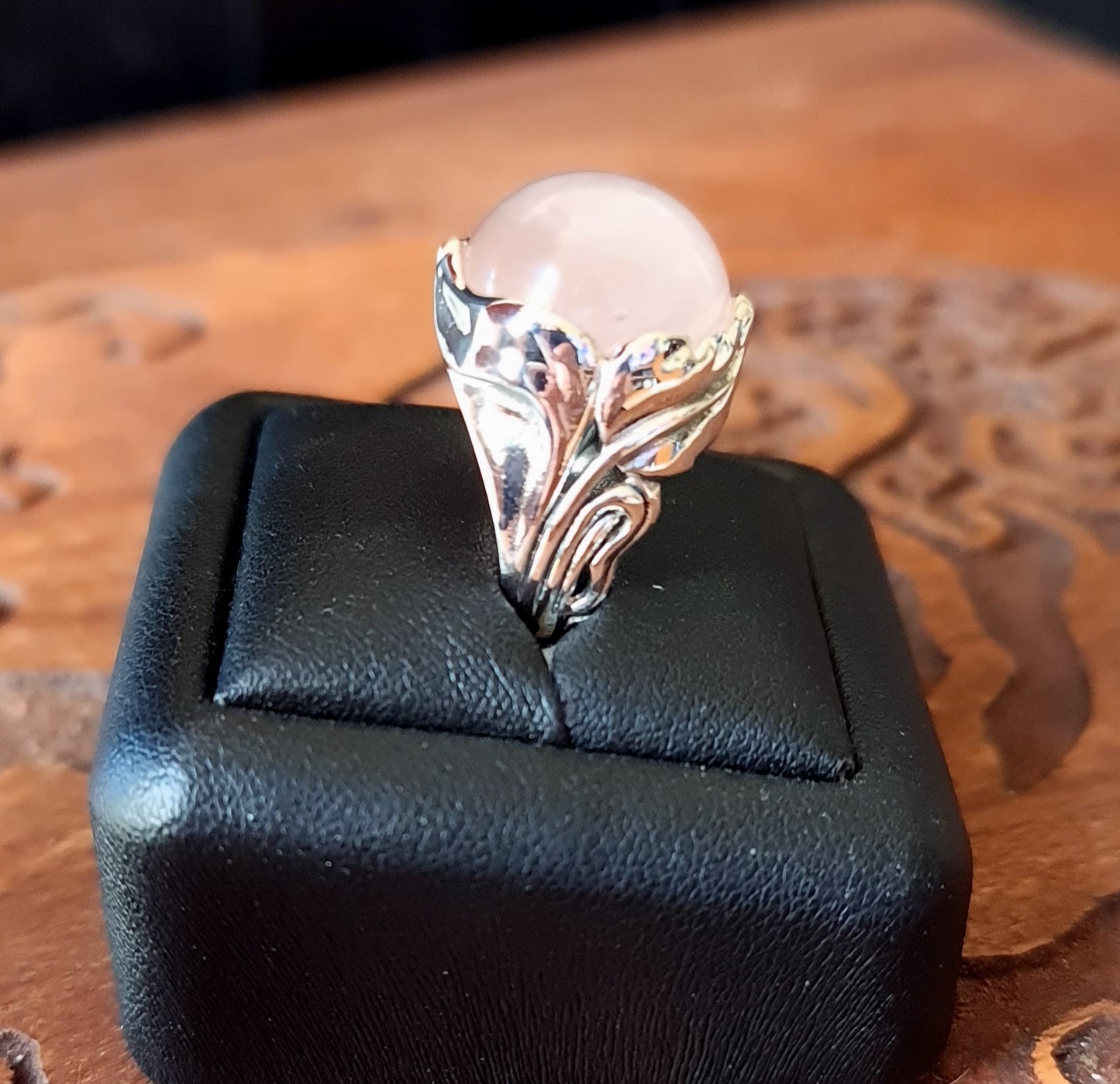 Rose Quartz Sterling Silver Leaf Ring