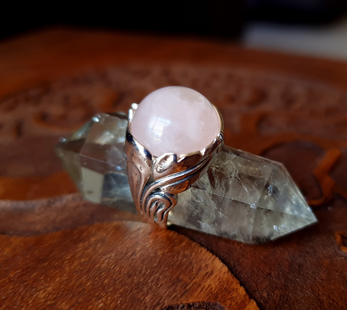 Rose Quartz Sterling Silver Leaf Ring