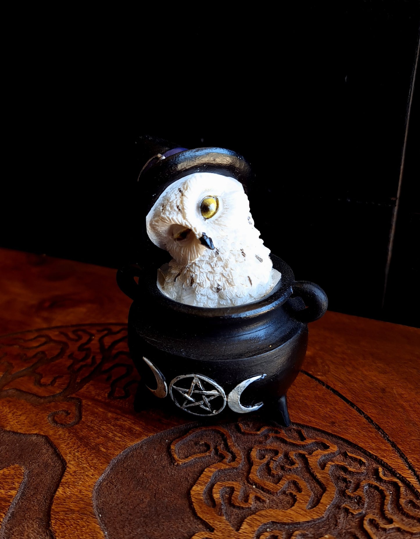 Snowy Owl in Cauldron Resin Figure