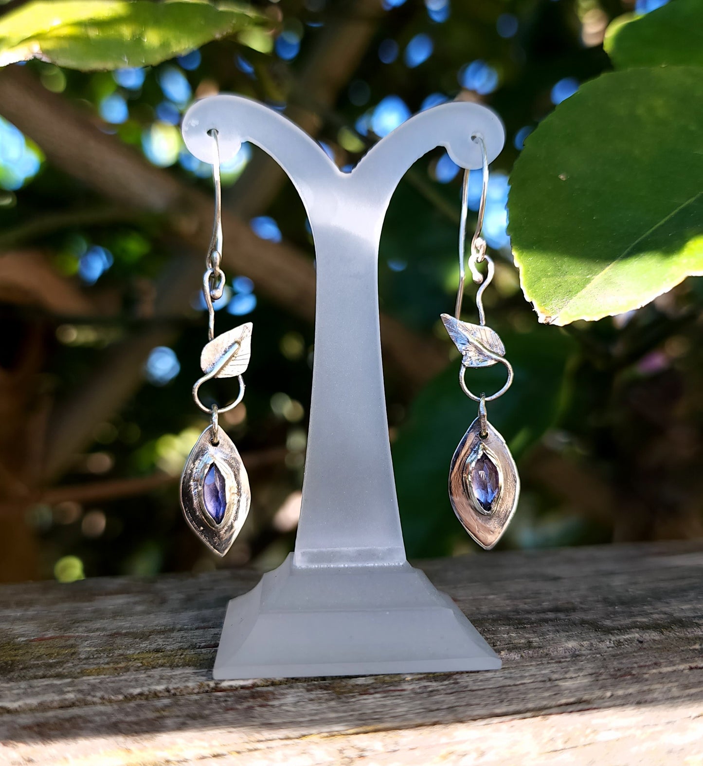 Handcrafted Sterling Silver & Iolite Leaf Earrings