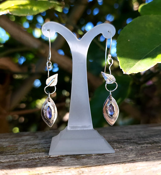 Handcrafted Sterling Silver & Iolite Leaf Earrings