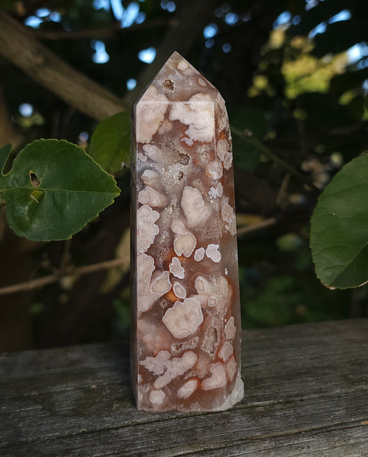 Flower Agate & Golden Healer Quartz Druzy Tower