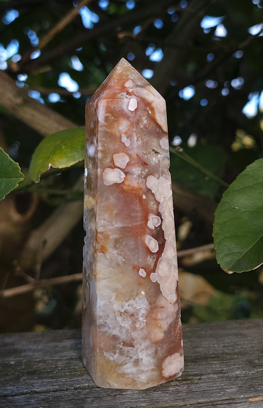 Flower Agate & Golden Healer Quartz Druzy Tower
